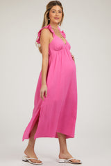 Pink Ruffle Strap Maternity Midi Dress