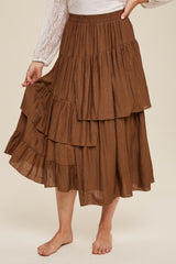 Brown High Waist Asymmetrical Layered Maxi Skirt