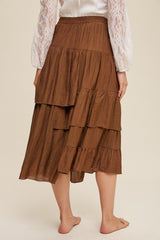 Brown High Waist Asymmetrical Layered Maxi Skirt