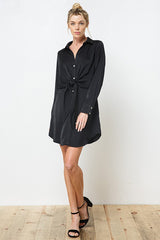 Black Satin Front Tie Shirt Dress