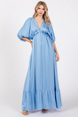 Light Blue Striped Ruffle Accent Maternity Maxi Dress