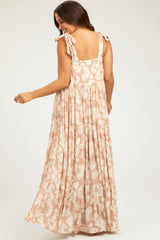 Light Pink Leaf Printed Square Neckline Tie Strap Tiered Maternity Maxi Dress