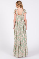 Leaf Printed Square Neckline Tie Strap Tiered Maxi Dress