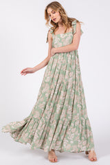 Light Olive Leaf Printed Square Neckline Tie Strap Tiered Maternity Maxi Dress