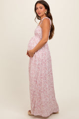 Pink Leaf Print Shoulder Strap Maternity Maxi Dress