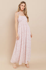 Pink Leaf Print Shoulder Strap Maxi Dress