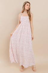 Pink Leaf Print Shoulder Strap Maxi Dress