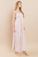 Pink Leaf Print Shoulder Strap Maxi Dress