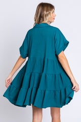 Teal Collared Button Front Short Sleeve Dress