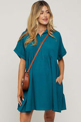 Teal Collared Button Front Short Sleeve Maternity Dress