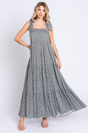 Sage Floral Shoulder Tie Maxi Dress