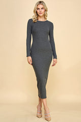 Charcoal Ribbed Fitted Long Sleeve Midi Dress