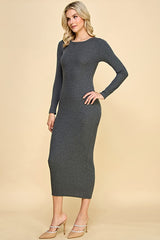 Charcoal Ribbed Fitted Long Sleeve Midi Dress