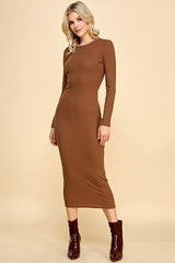 Brown Ribbed Fitted Long Sleeve Midi Dress