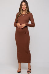 Brown Ribbed Fitted Long Sleeve Maternity Midi Dress