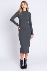 Charcoal Ribbed Mock Neck Button Side Slit Maternity Midi Dress