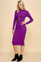 Purple Ribbed Mock Neck Button Side Slit Midi Dress