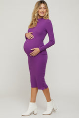 Purple Ribbed Mock Neck Button Side Slit Maternity Midi Dress