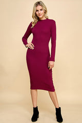 Burgundy Ribbed Mock Neck Button Side Slit Midi Dress