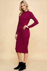 Burgundy Ribbed Mock Neck Button Side Slit Midi Dress