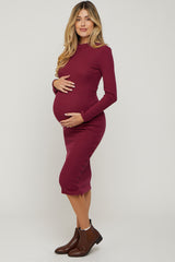 Burgundy Ribbed Mock Neck Button Side Slit Maternity Midi Dress