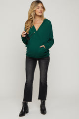 Forest Green Ribbed Hooded Wrap Long Sleeve Maternity Top