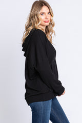 Black Ribbed Hooded Wrap Long Sleeve Top