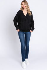 Black Ribbed Hooded Wrap Long Sleeve Top