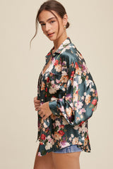 Teal Flower Print Button Down Oversized Satin Blouse