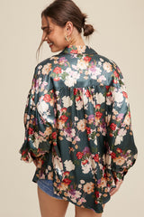 Teal Flower Print Button Down Oversized Satin Blouse