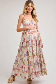 Ivory Multi-Color Floral Smocked Tiered Maternity Maxi Dress