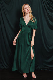 Hunter Green Satin Flutter Sleeve Plunging Maxi Dress