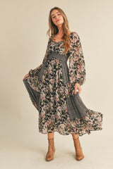 Black Floral Mixed Patchwork Print Ruffle Trim Midi Dress