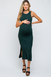 Forest Green Ribbed Maternity Side Slit Tank Dress