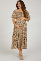 Taupe Printed Puff Short Sleeve Maternity Midi Dress