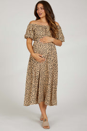 Taupe Printed Puff Short Sleeve Maternity Midi Dress