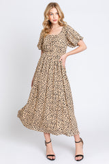 Taupe Printed Puff Short Sleeve Maternity Midi Dress