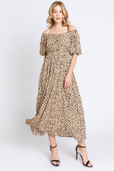 Taupe Printed Puff Short Sleeve Midi Dress