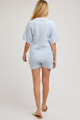 Light Blue Sweater Knit Front Button Maternity Romper