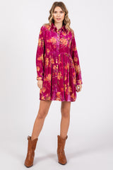 Magenta Velvet Floral Burnout Button Front Long Sleeve Dress