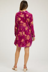 Magenta Velvet Floral Burnout Button Front Long Sleeve Maternity Dress