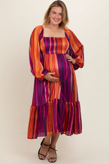 Plum Striped Metallic Yarn Maternity Plus Midi Dress