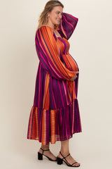 Plum Striped Metallic Yarn Maternity Plus Midi Dress