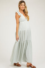 Light Blue Printed Sleeveless Tiered Cutout Back Maternity Maxi Dress