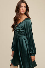 Deep Green Cinched Long Sleeve Satin Dress