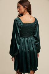 Deep Green Cinched Long Sleeve Satin Dress