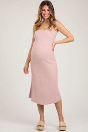 Light Pink Sweater Knit A-Line Maternity Midi Dress