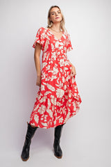 Red Tropical Print Ruffle Maternity Midi Dress