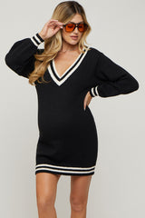 Black Oversized Varsity Striped V-Neck Maternity Sweater Dress