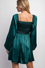 Hunter Green Pleated Bubble Sleeve Satin Mini Dress